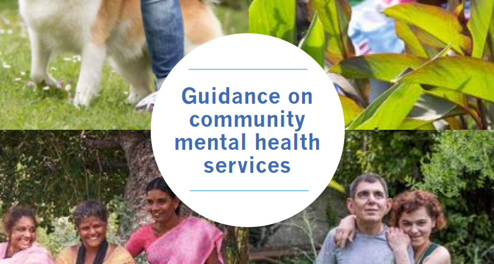 screenshot of the front page of the new WHO report on community mental health services just showing the title in a white circle: "Guidance on community mental health services"