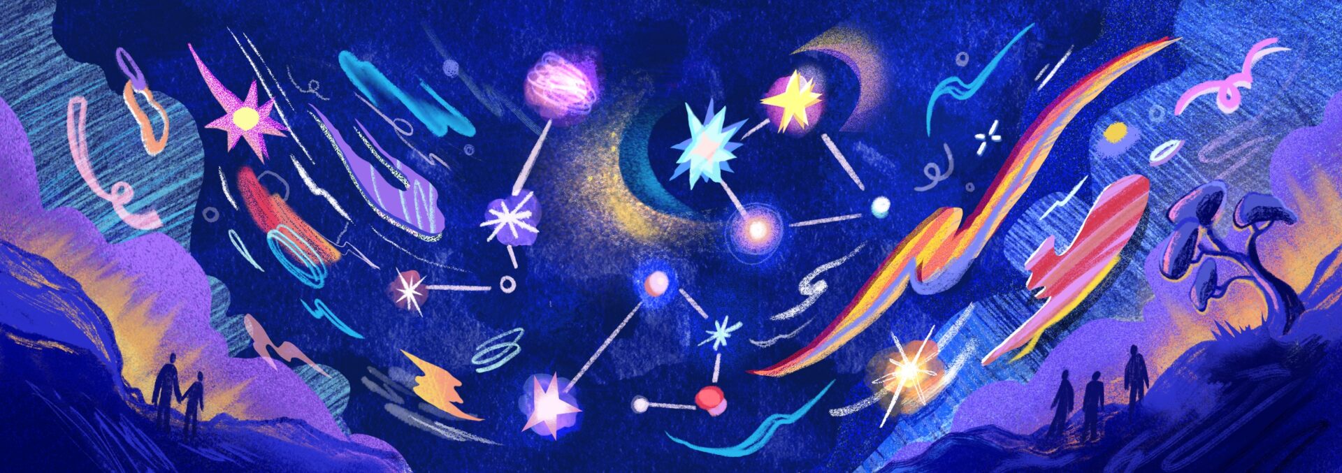An illustration showing people stargazing. A dark blue sky is filled with stars, constellations and swirls.